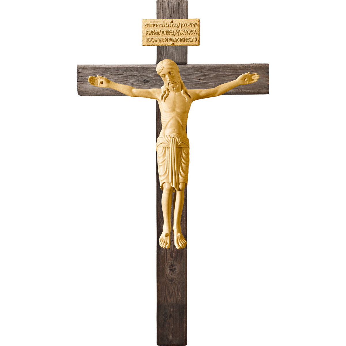 Cristo Románico en cruz Madera vieja con Titulus Crucis en hebreo - latín - griego